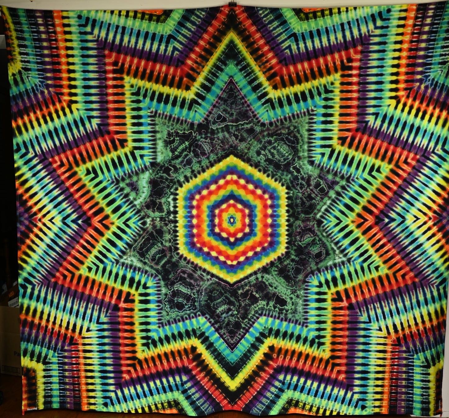 85"X100" (Msrmnts b4 any shrinking) Frm Cntr: Hexagon>Cosmic Egg/Geode Hybrid>Decagram DNA UV Reactive Tie Dye Tapestry w/ Hanging Loops