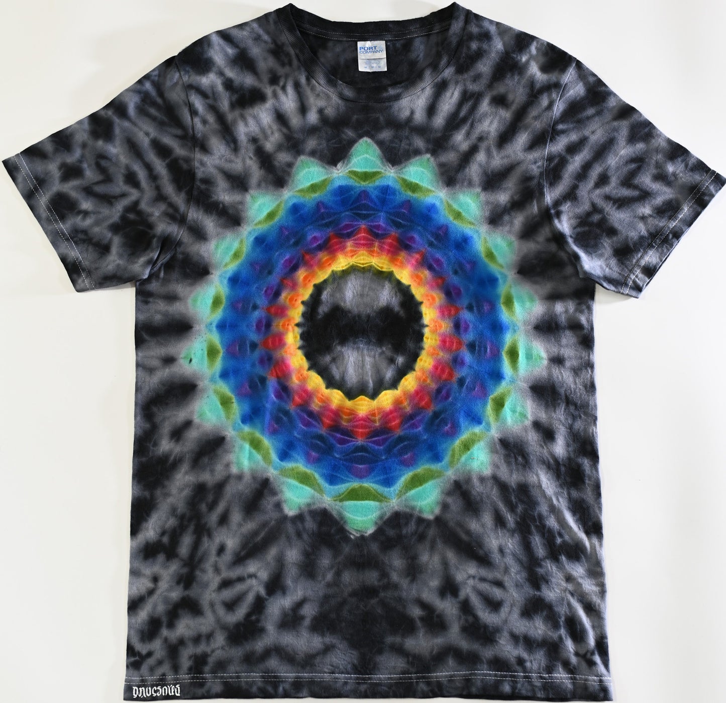 Medium 18 Point Mandala w/ Ripple Center/Scrunch Tie Dye on a Port & Company Bouncer Tee