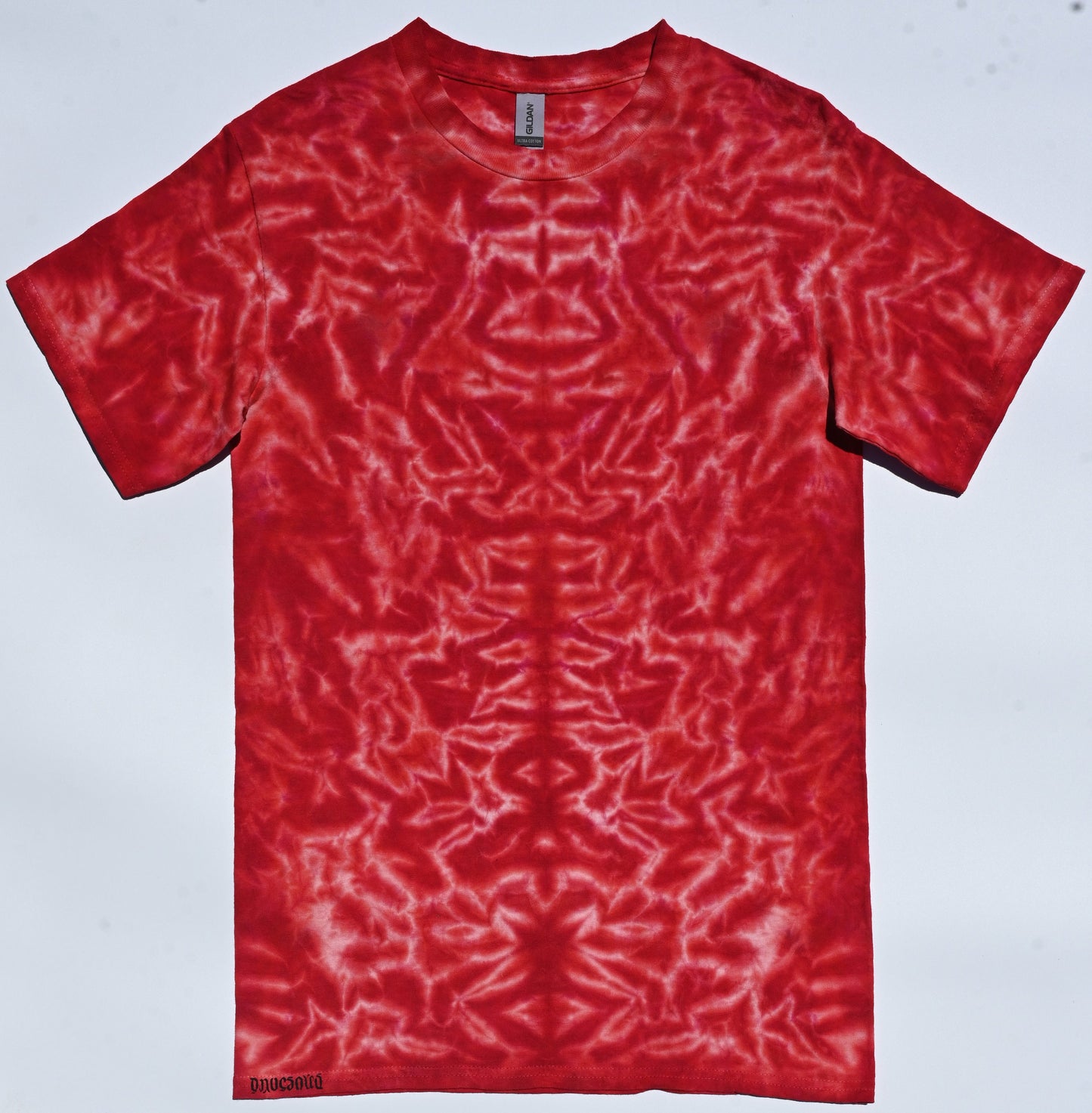 Small Rorschach Scrunch in Reds Tie Dye on a Gildan Ultra Cotton PFD (Prepared for Dye) T-Shirt
