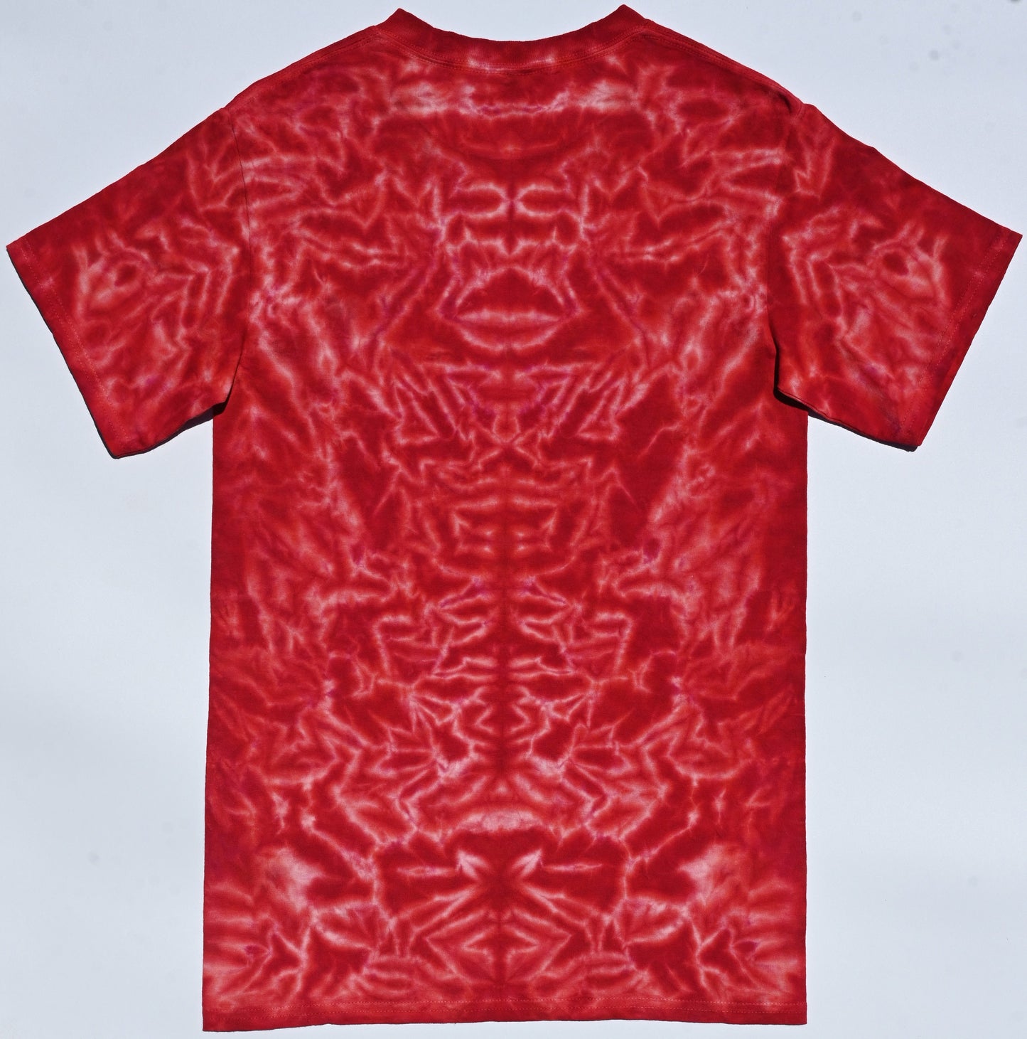 Small Rorschach Scrunch in Reds Tie Dye on a Gildan Ultra Cotton PFD (Prepared for Dye) T-Shirt