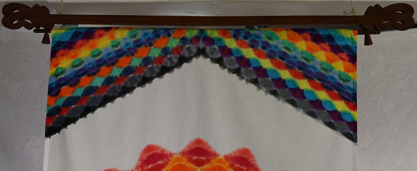30"X48" (measurements prior to any shrinkage) Tie Dye w/ White Background on a Dharma Trading Company Wall Hanging w/ Carve Tapestry Hanger