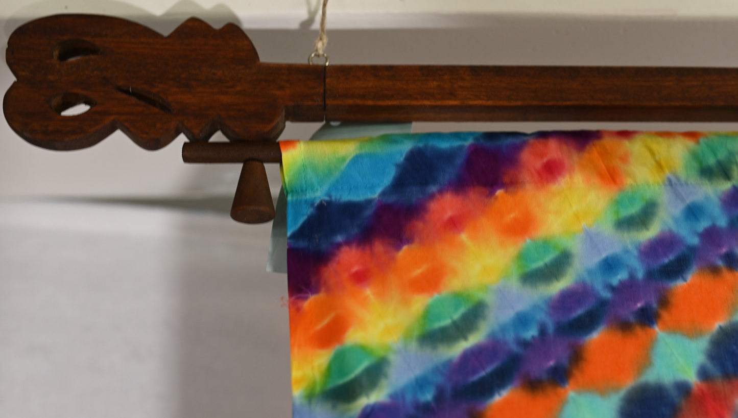 30"X48" (measurements prior to any shrinkage) Tie Dye w/ White Background on a Dharma Trading Company Wall Hanging w/ Carve Tapestry Hanger