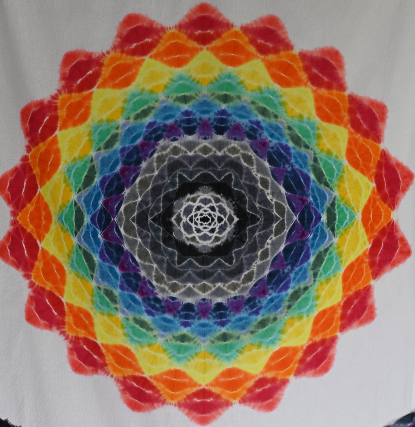 30"X48" (measurements prior to any shrinkage) Tie Dye w/ White Background on a Dharma Trading Company Wall Hanging w/ Carve Tapestry Hanger