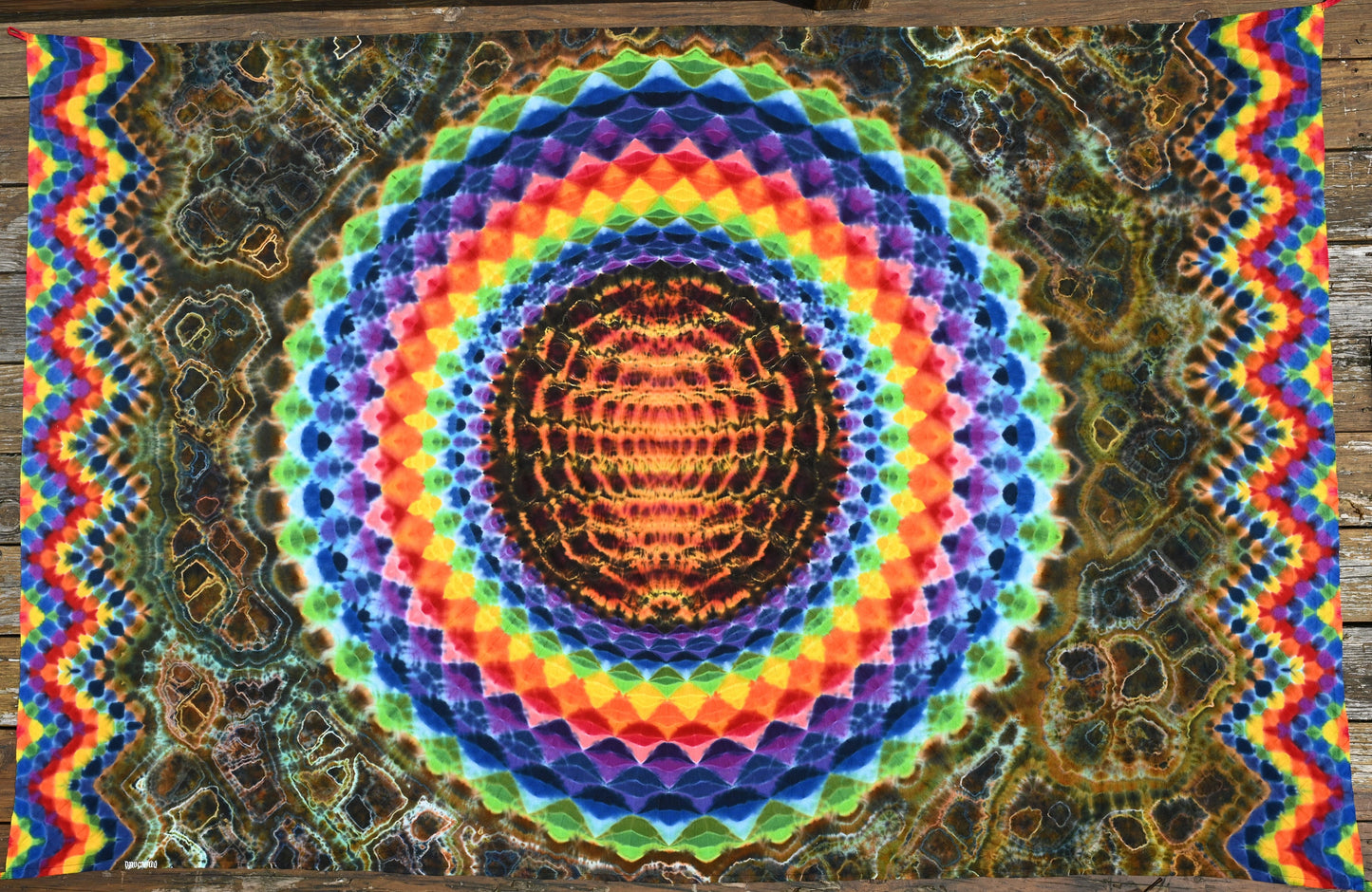 54"X90" (Measurements prior to any shrinkage) 36Pt Mandala Fiery Cosmic Egg Center/Zig Zag Honeycomb Borders/Geode Filler Tie Dye Tapestry
