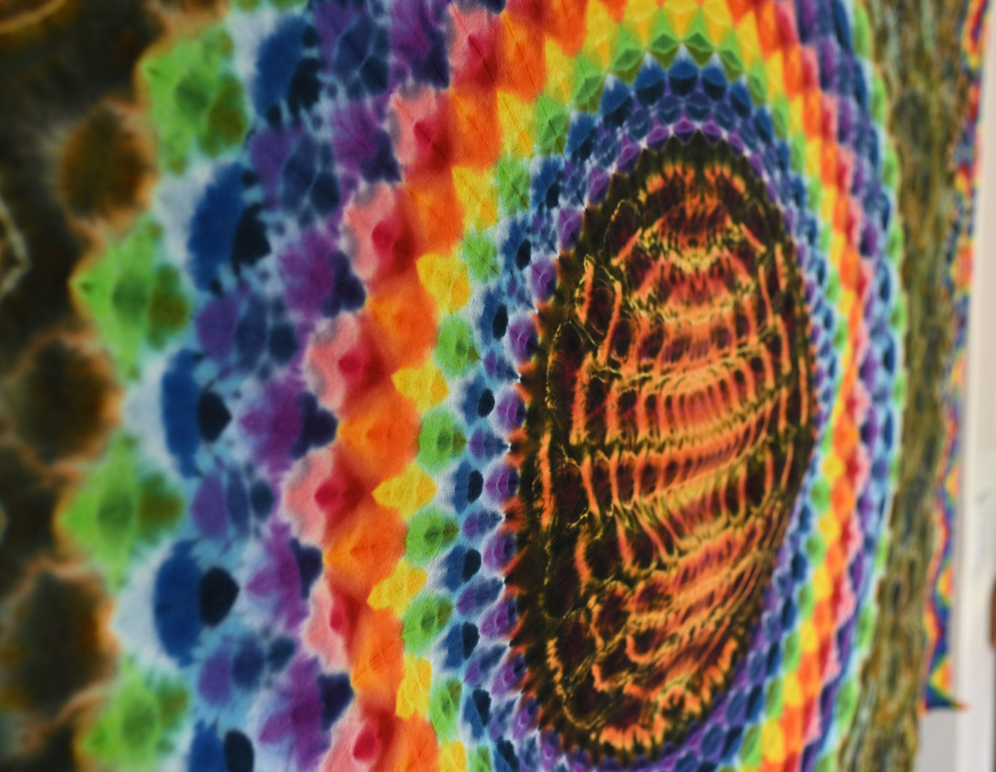 54"X90" (Measurements prior to any shrinkage) 36Pt Mandala Fiery Cosmic Egg Center/Zig Zag Honeycomb Borders/Geode Filler Tie Dye Tapestry