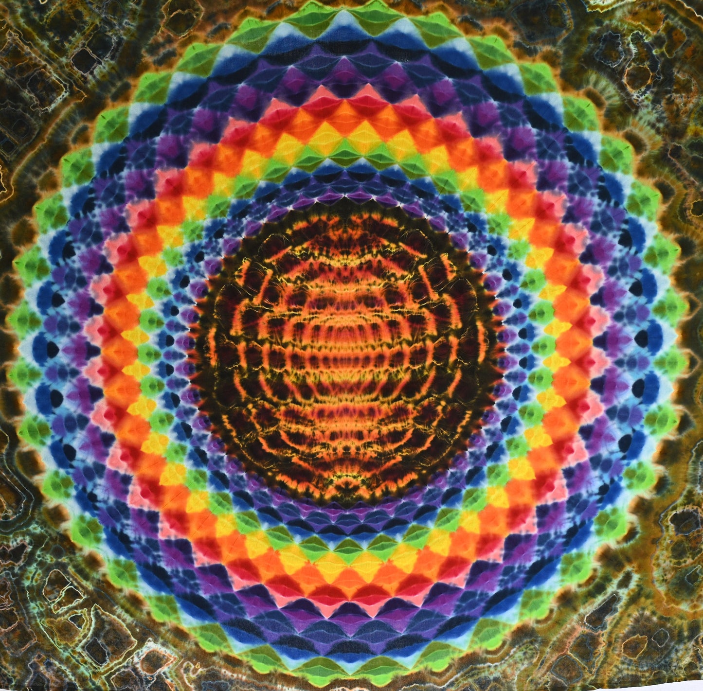 54"X90" (Measurements prior to any shrinkage) 36Pt Mandala Fiery Cosmic Egg Center/Zig Zag Honeycomb Borders/Geode Filler Tie Dye Tapestry