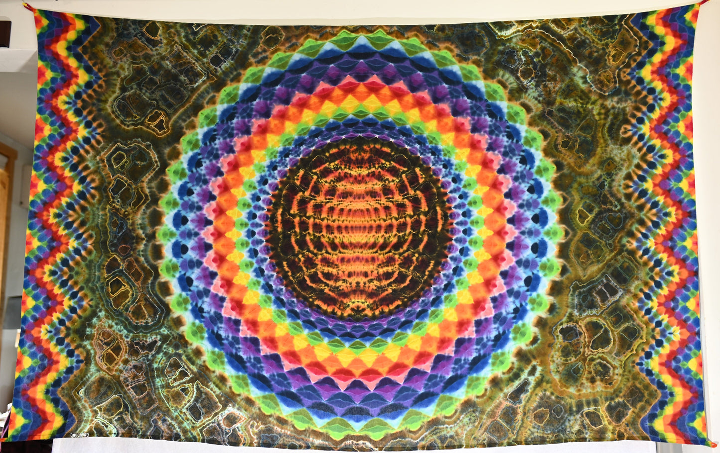 54"X90" (Measurements prior to any shrinkage) 36Pt Mandala Fiery Cosmic Egg Center/Zig Zag Honeycomb Borders/Geode Filler Tie Dye Tapestry