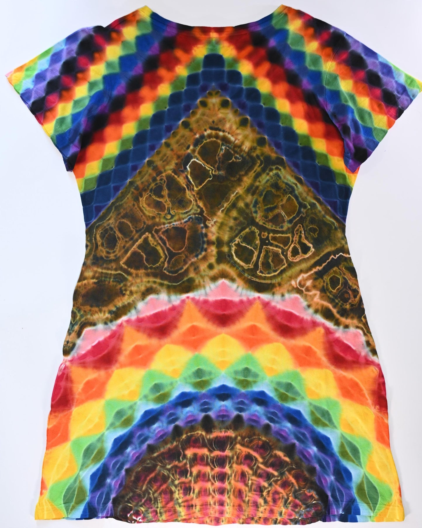 Ladies L/XL Mandala from Bottom, w/ Fiery Cosmic Egg Center/Honeycomb Top/ Geode Filler Tie Dye on a LAT V-Neck Cotton Cover Up Dress