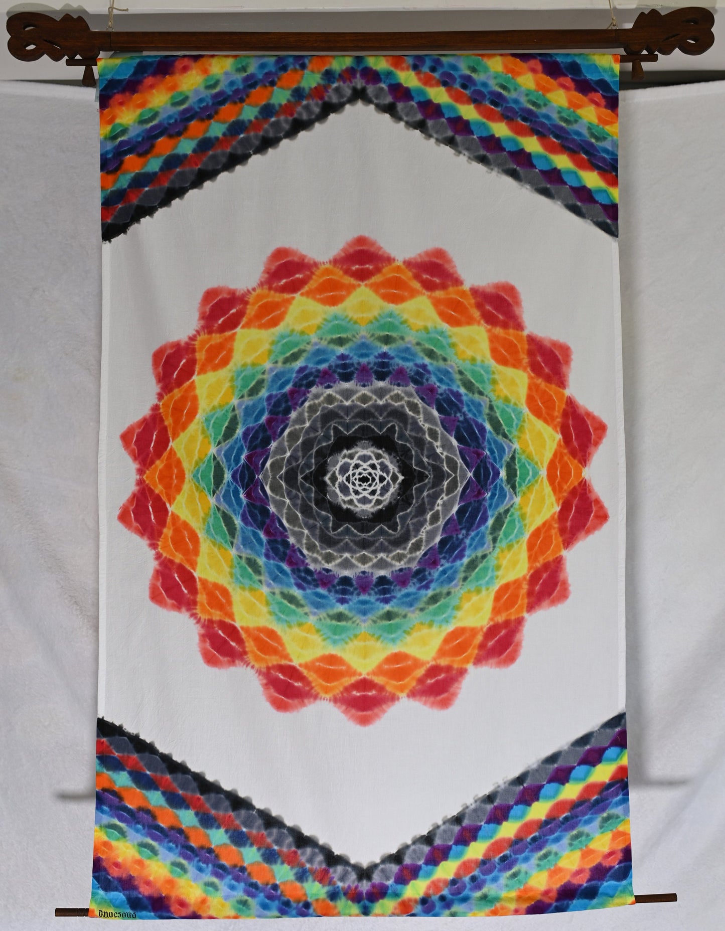 30"X48" (measurements prior to any shrinkage) Tie Dye w/ White Background on a Dharma Trading Company Wall Hanging w/ Carve Tapestry Hanger