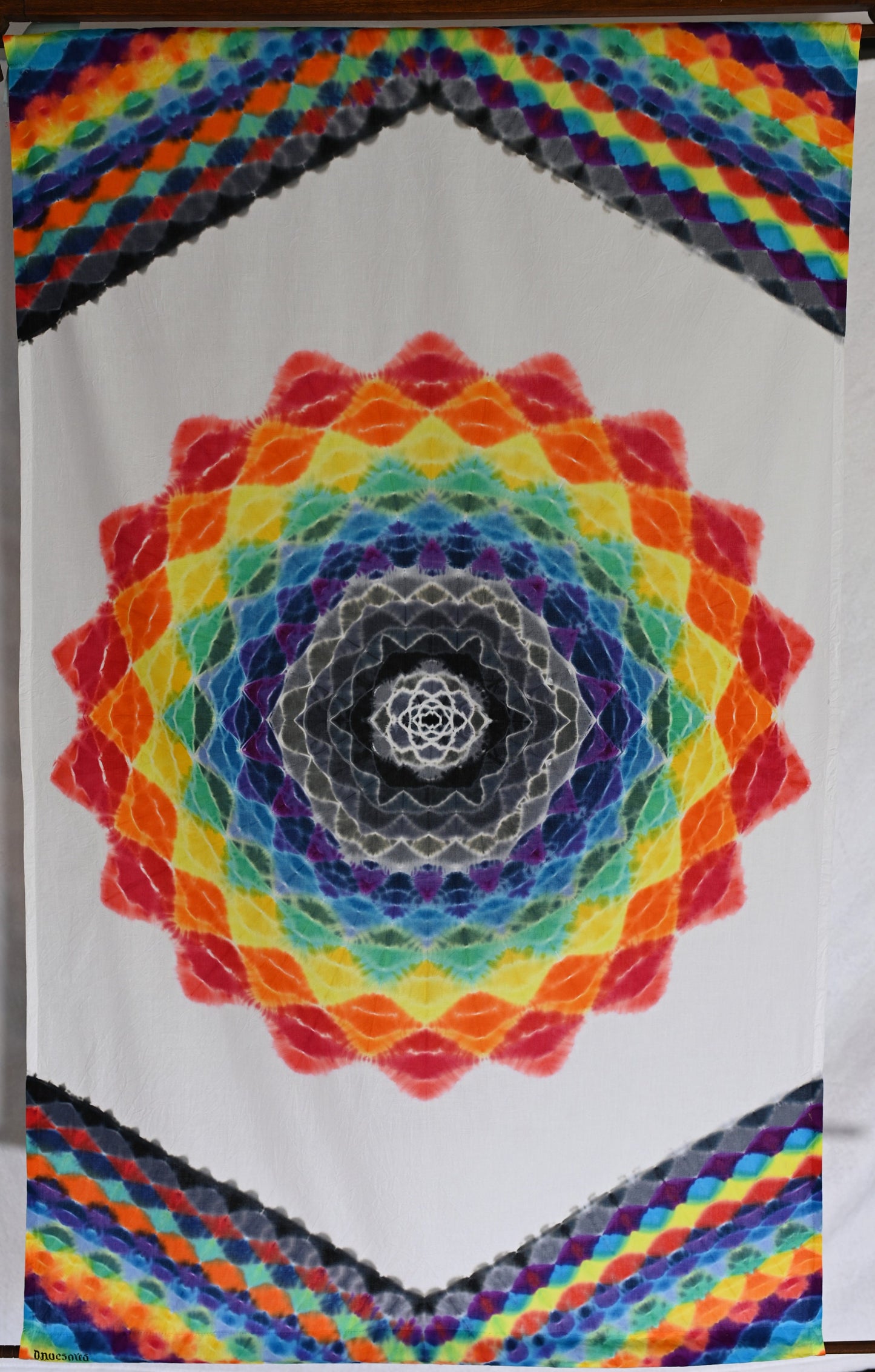 30"X48" (measurements prior to any shrinkage) Tie Dye w/ White Background on a Dharma Trading Company Wall Hanging w/ Carve Tapestry Hanger