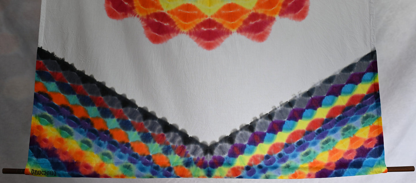 30"X48" (measurements prior to any shrinkage) Tie Dye w/ White Background on a Dharma Trading Company Wall Hanging w/ Carve Tapestry Hanger