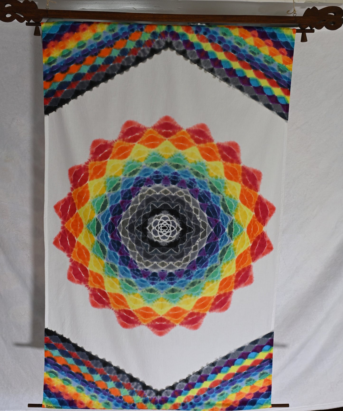 30"X48" (measurements prior to any shrinkage) Tie Dye w/ White Background on a Dharma Trading Company Wall Hanging w/ Carve Tapestry Hanger