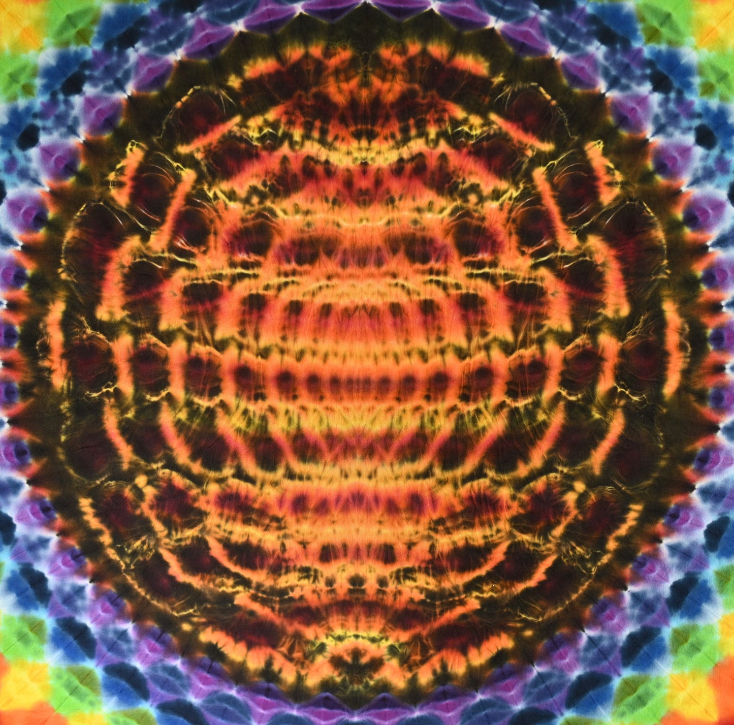 54"X90" (Measurements prior to any shrinkage) 36Pt Mandala Fiery Cosmic Egg Center/Zig Zag Honeycomb Borders/Geode Filler Tie Dye Tapestry