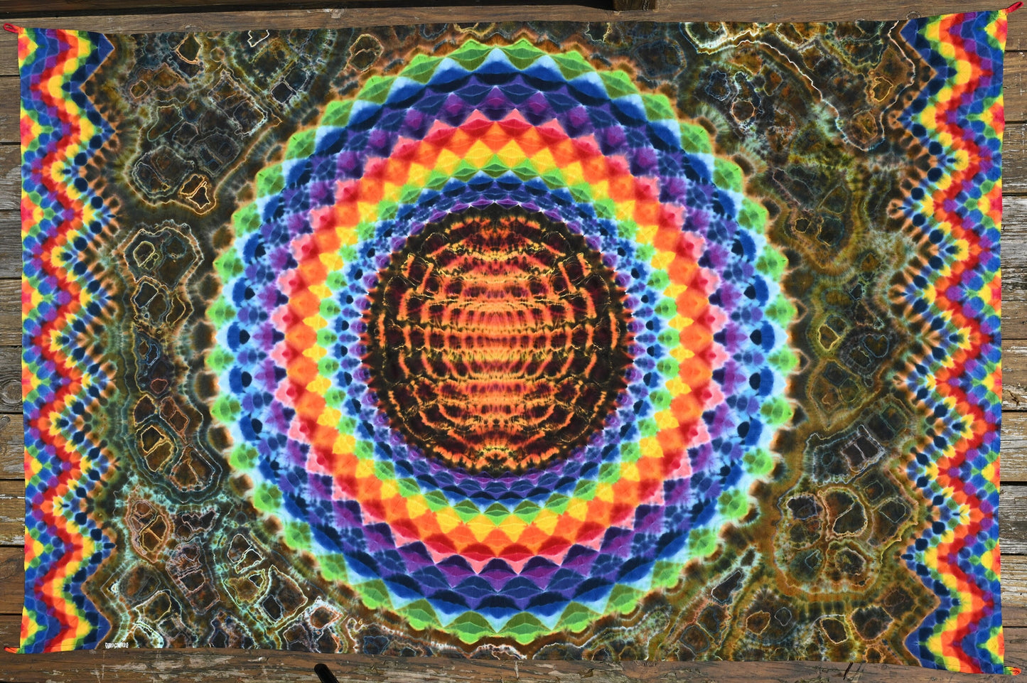 54"X90" (Measurements prior to any shrinkage) 36Pt Mandala Fiery Cosmic Egg Center/Zig Zag Honeycomb Borders/Geode Filler Tie Dye Tapestry