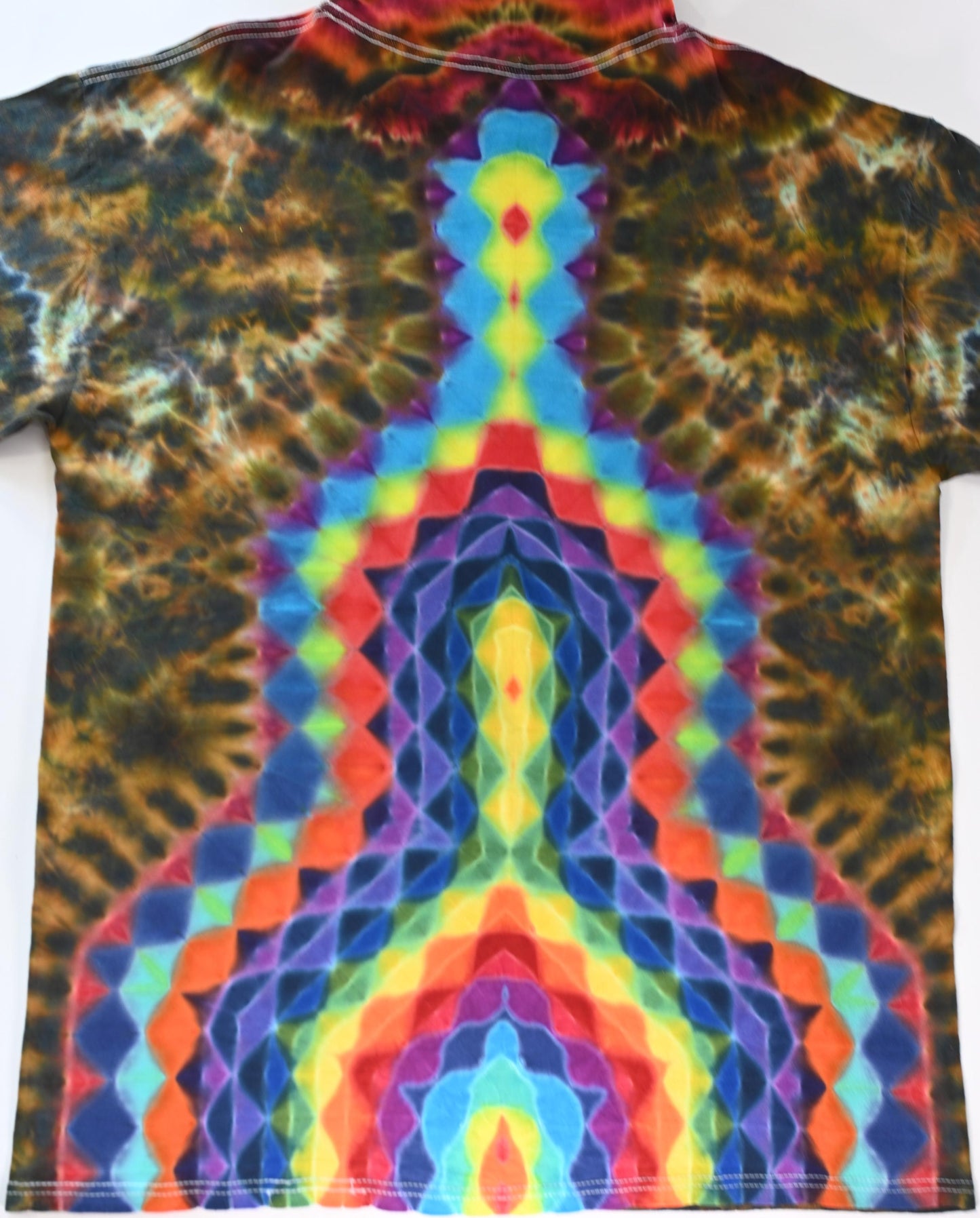 Large 20 Pt Mandala Fiery Cosmic Egg Cntr + Hood/ Honeycomb Geometric Tower Back/ Honeycomb Band Slvs/Scrunch Tie Dye Hooded* Long Slv Shirt