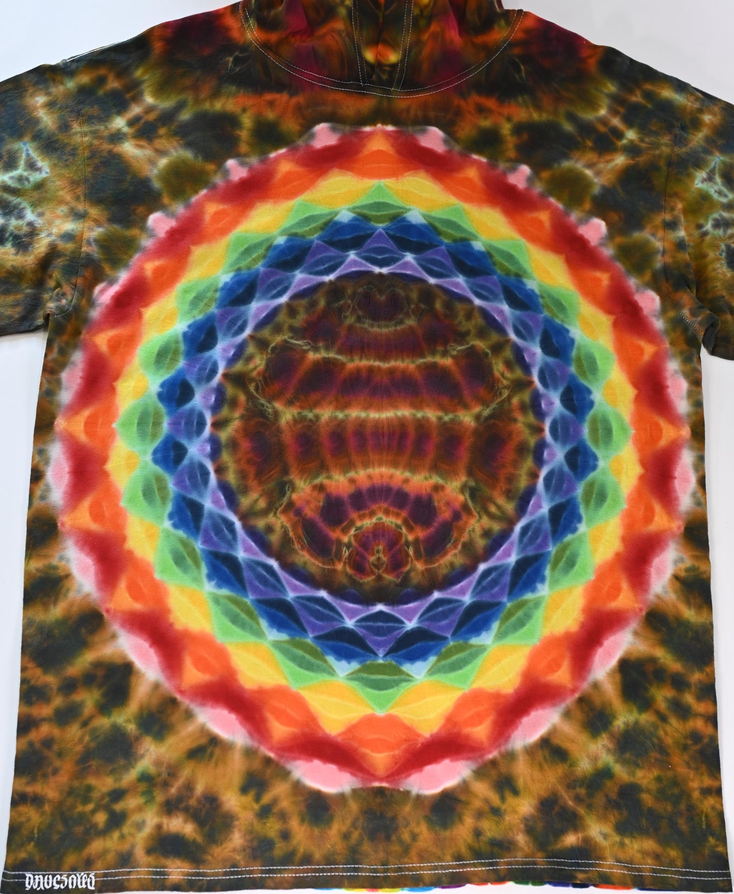 Large 20 Pt Mandala Fiery Cosmic Egg Cntr + Hood/ Honeycomb Geometric Tower Back/ Honeycomb Band Slvs/Scrunch Tie Dye Hooded* Long Slv Shirt