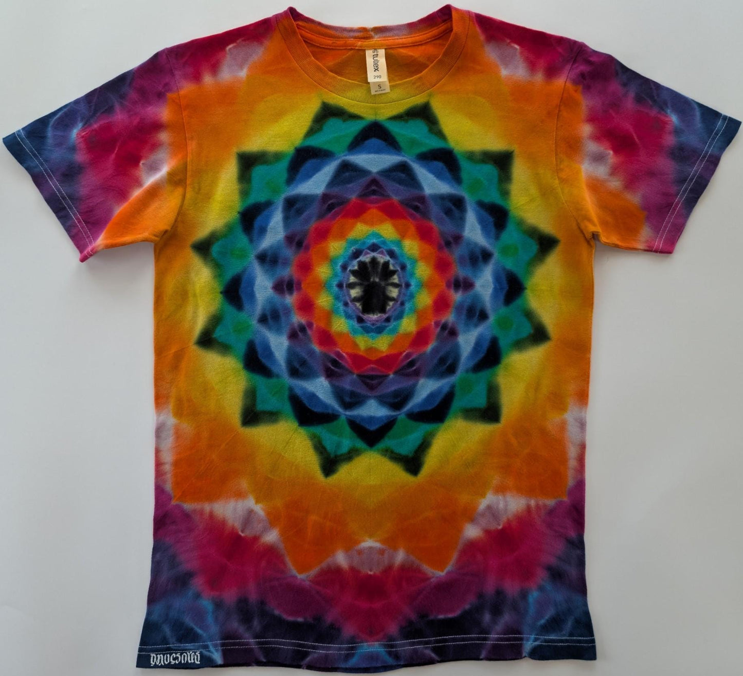 Small 12 Point Mandala Both Sides with Blacklight Reactive Center Tie Dye on a Tultex 290 Ringspun Cotton T-Shirt.