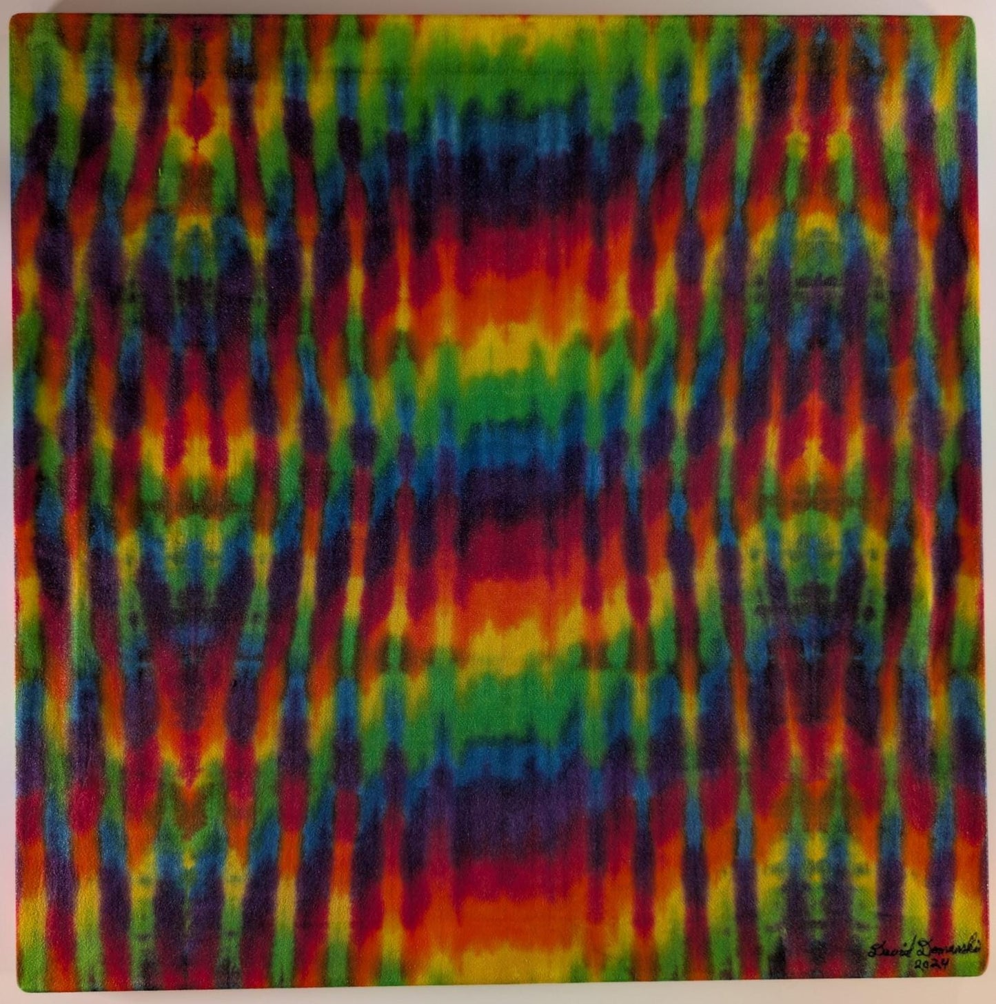 24"X24"X.75" Trippy Weaver Tie Dye on a Square Panel of Calcutta Cotton Stretched onto 24"X24" Stretcher Bars, Signed, Clear Coated