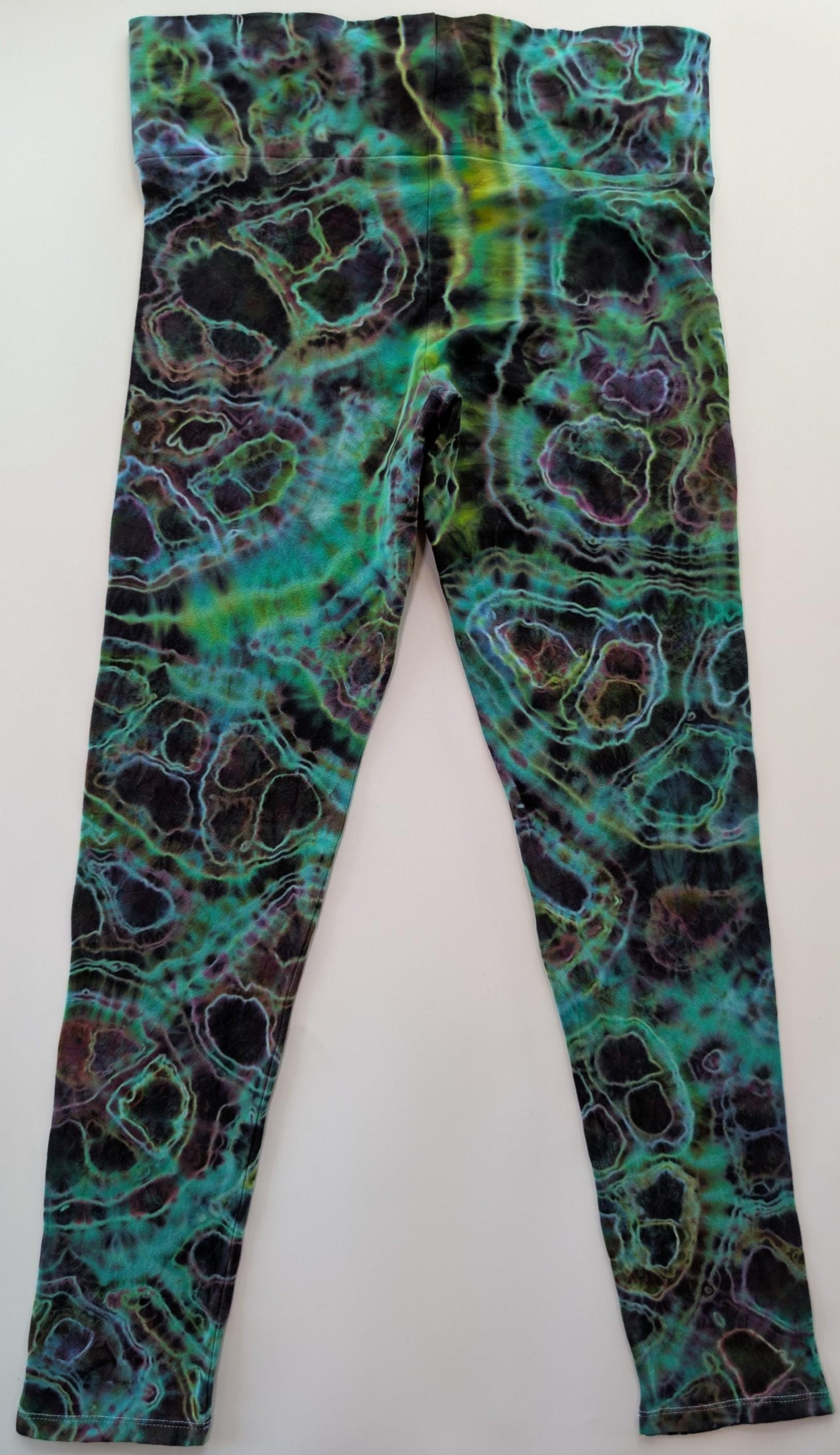 Medium Geode Tie Dye on Wide Waist Band Dancing Robin Form Fitting, Medium Thickness 92 Cotton 8% Spandex Leggings