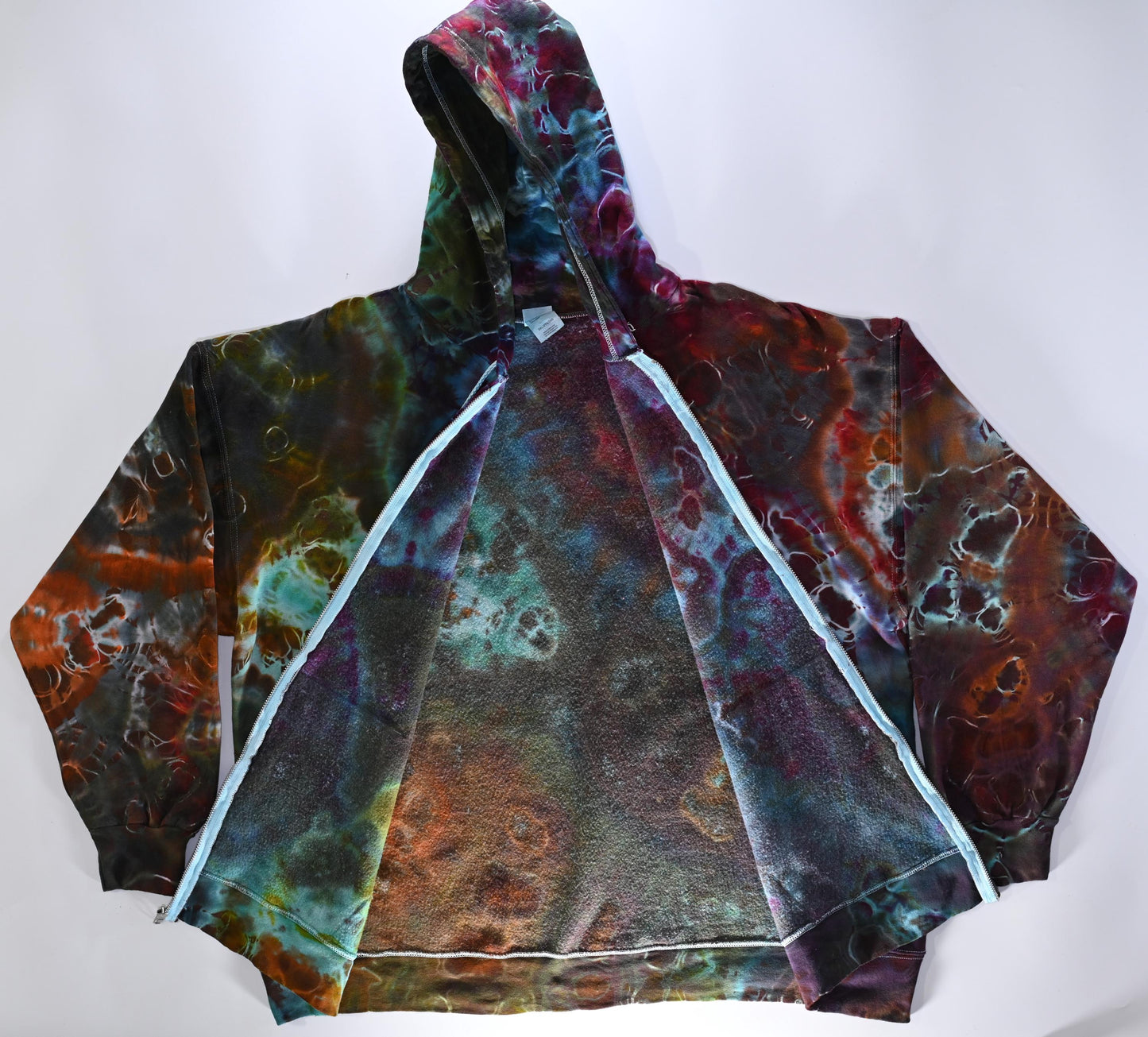 2X Cosmic Egg/Geode Hybrid Ice Dye Tie Dye on a Hanes Ultimate Cotton Zipper Hoodie