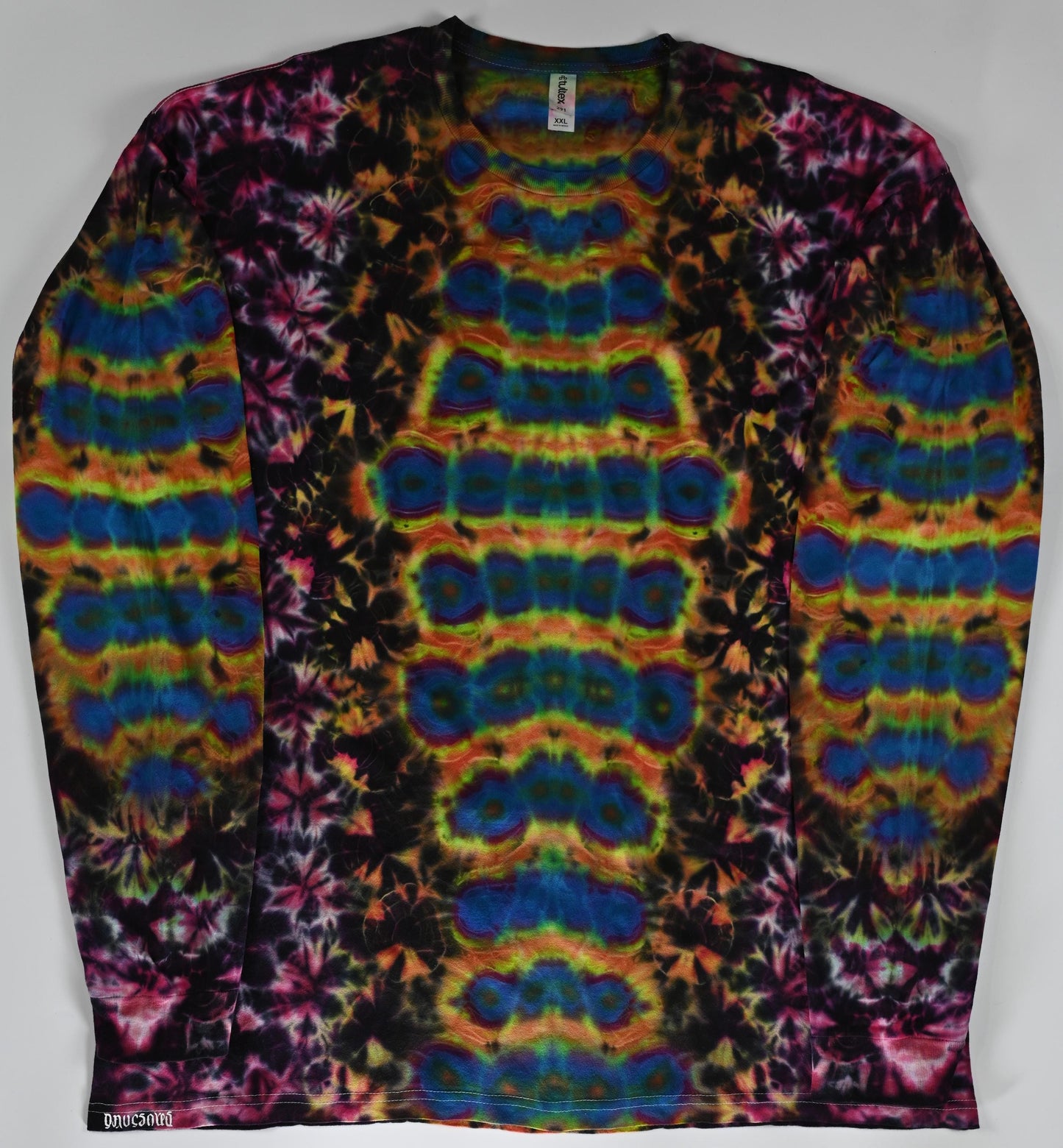 2X Cosmic Eggs F/B/Slvs in my Cosmic Drip Palette with Kenney Style in my Crimson Kiss Palette Tie Dye on a Tultex 291 Long Sleeve Shirt