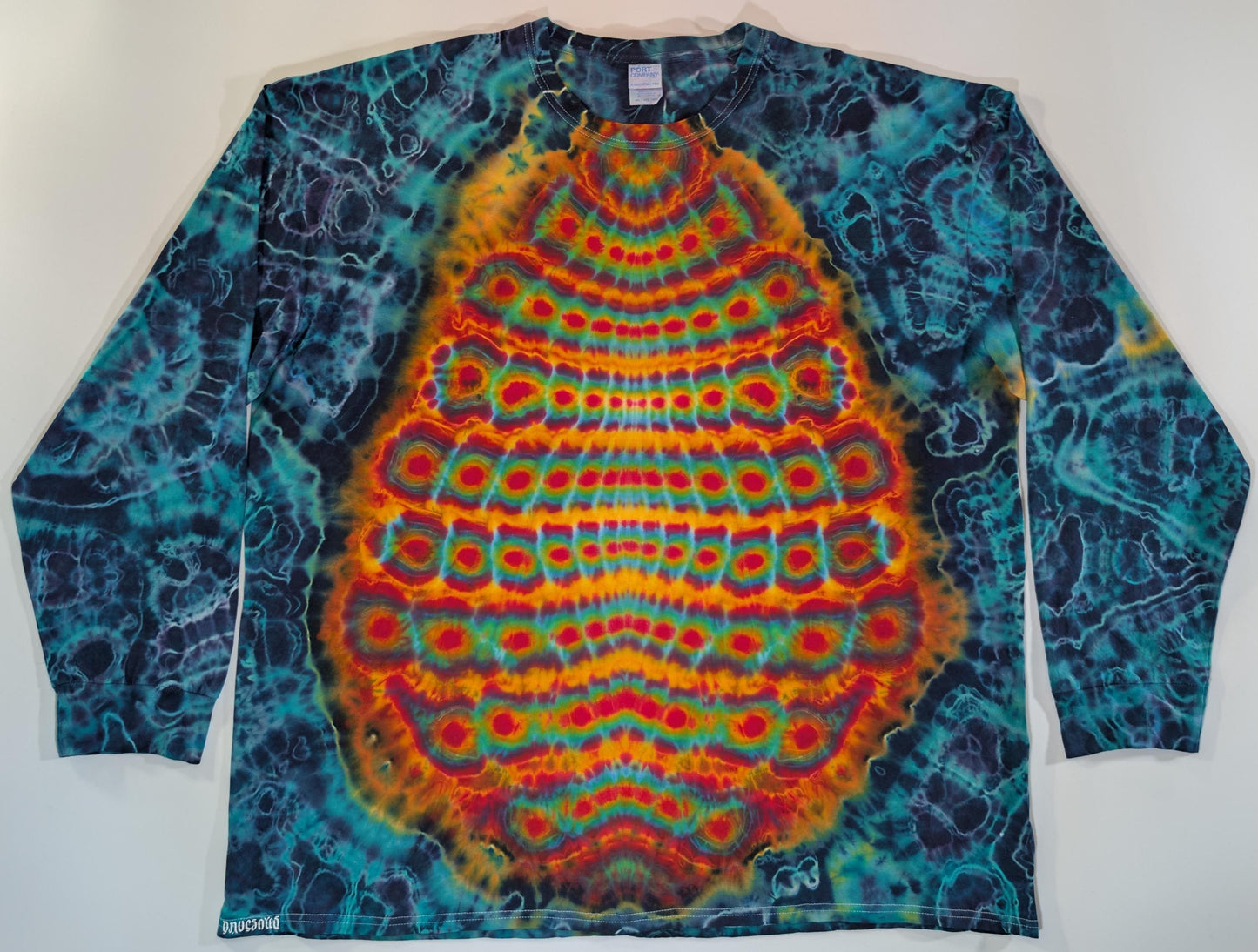 4X Cosmic Egg-Perplexing Paradox Palette/Cosmic Egg/Geode Hybrid-Mystical Aurora Palette Tie Dye on a Port & Co Essential Long Sleeve Shirt