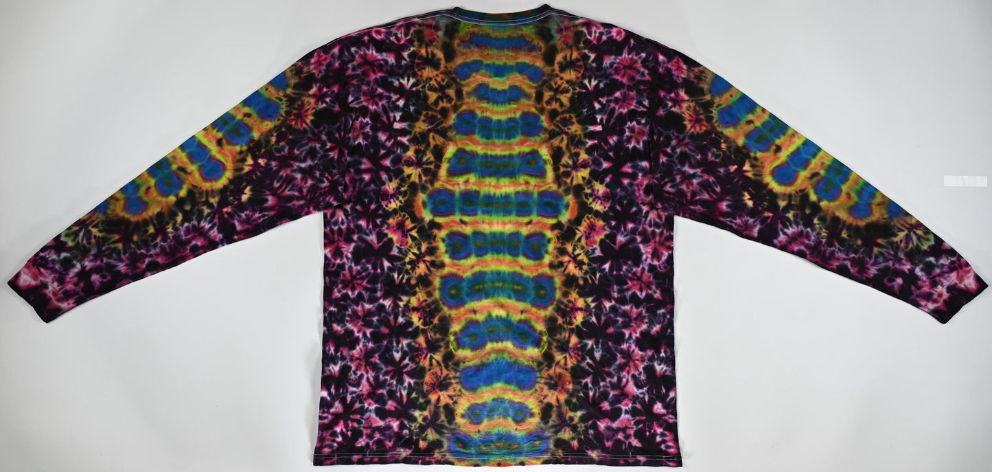 2X Cosmic Eggs F/B/Slvs in my Cosmic Drip Palette with Kenney Style in my Crimson Kiss Palette Tie Dye on a Tultex 291 Long Sleeve Shirt