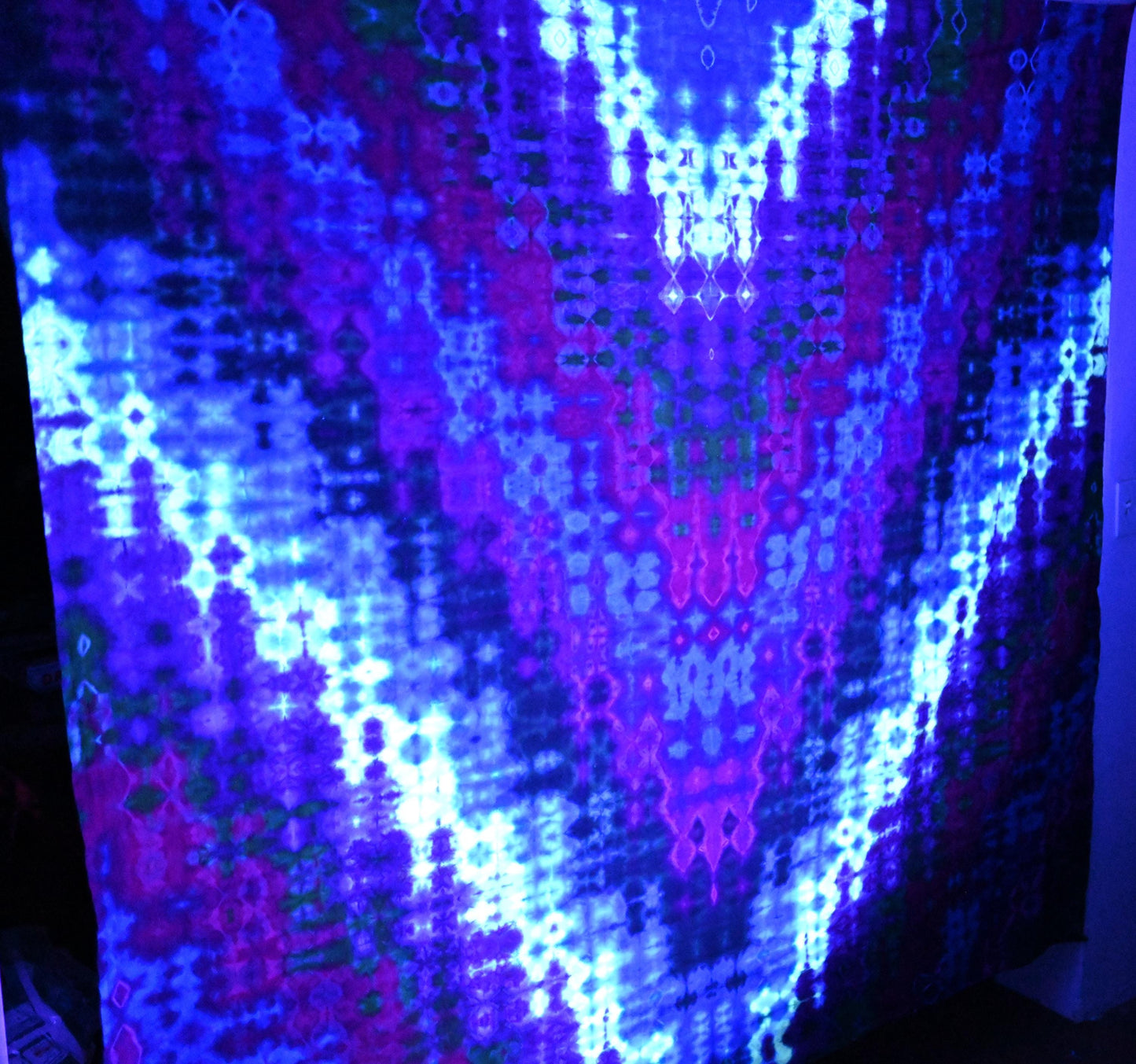 84"X84" (msrmnts b4 shrinkage) Glitch Tie Dye on a 3rd Eye Tapestry iDye Flourescent Yellow used w/ the Procion Dyes for Blacklight read on