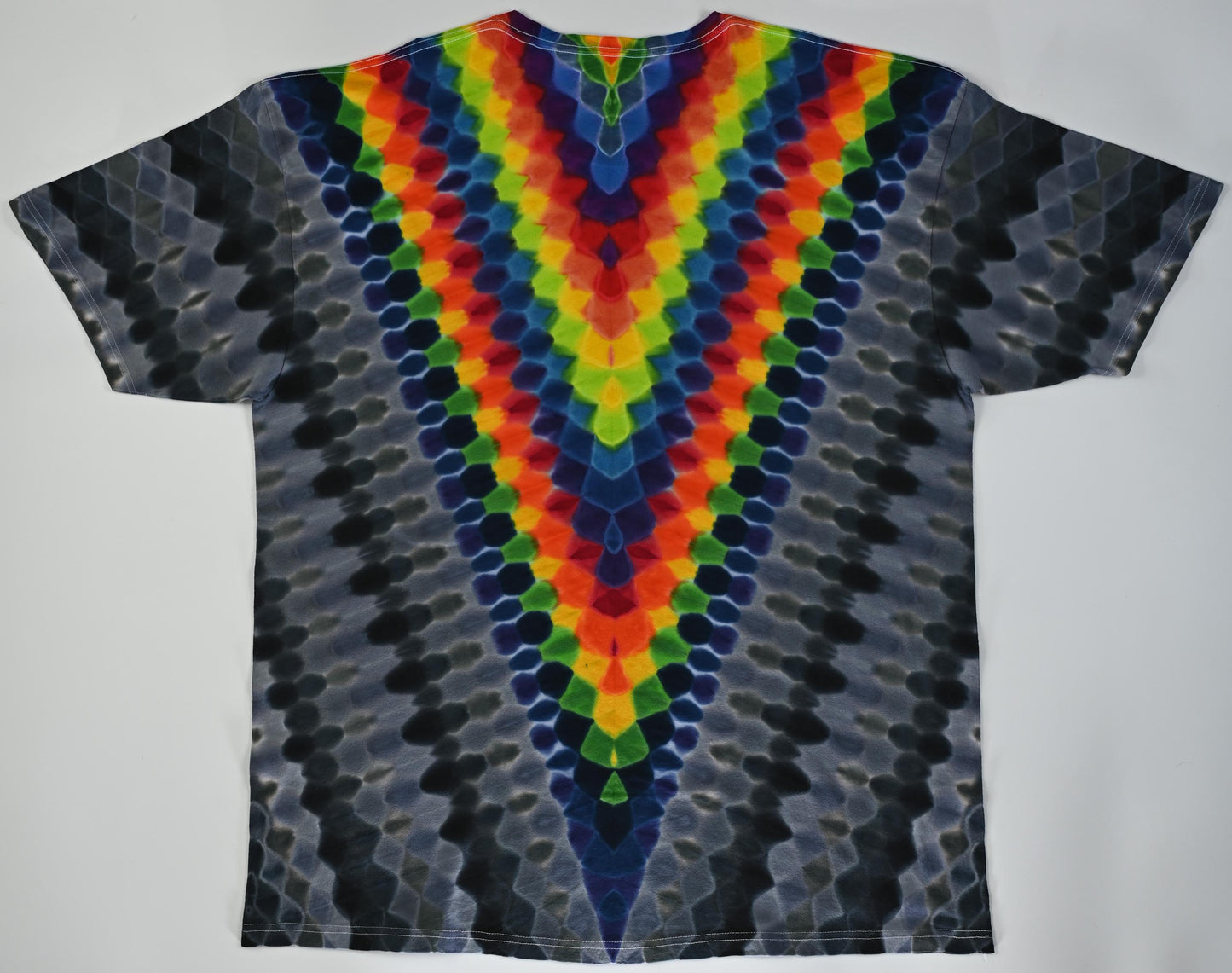 3X V Honeycomb in Greys, Black and Rainbow Tie Dye on a Tultex 290 Ringspun Cotton T-Shirt