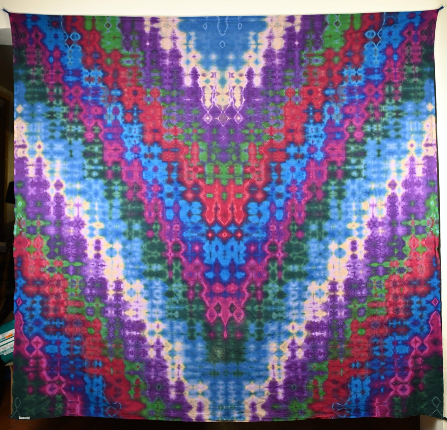 84"X84" (msrmnts b4 shrinkage) Glitch Tie Dye on a 3rd Eye Tapestry iDye Flourescent Yellow used w/ the Procion Dyes for Blacklight read on