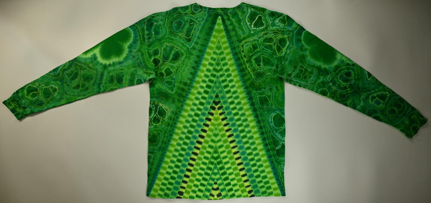 Large Shamrocks Front and Sleeves/Triangle UV-DNA Back/Geodes w/ UV Reactive Accents Tie Dye on a Tultex 291 Ringspun Cotton Lng Slv Shirt