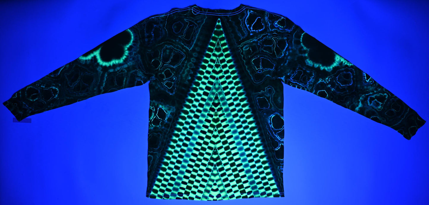Large Shamrocks Front and Sleeves/Triangle UV-DNA Back/Geodes w/ UV Reactive Accents Tie Dye on a Tultex 291 Ringspun Cotton Lng Slv Shirt