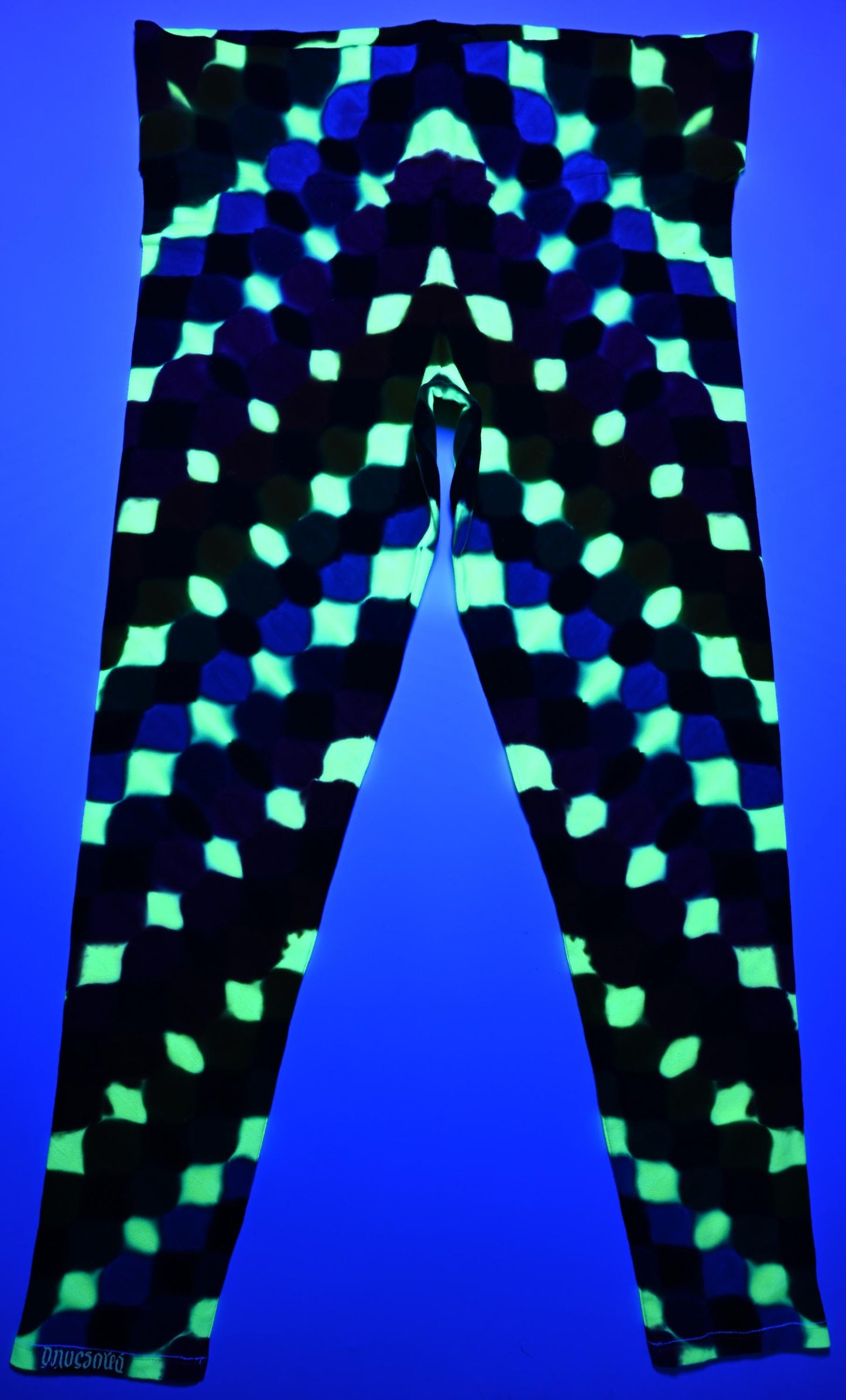 XL UV Honeycomb UV Reactive Tie Dye on Wide Waist Band Dancing Robin Form Fitting, Medium Thickness 92 Cotton 8% Spandex Leggings