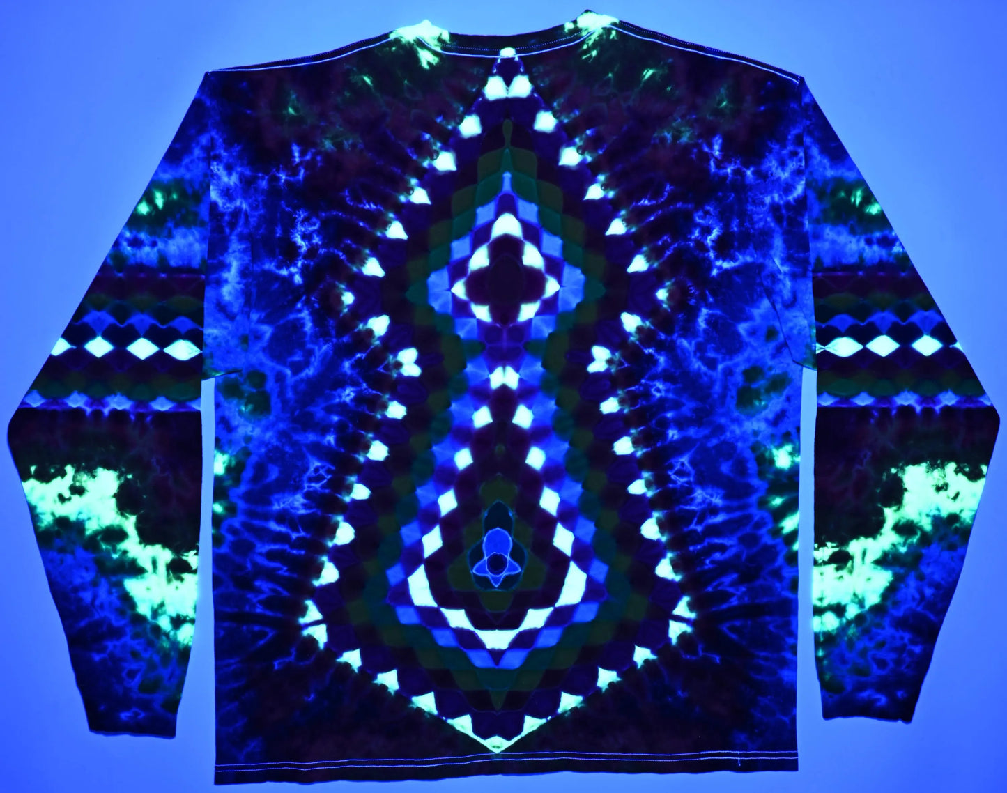 2X Heady Decagram Frnt/Honeycomb Bck Shield/Honeycomb Arm Bands/Scrunch Tie Dye w/ UV Reactive Accents on a Tultex 291 Long Sleeve Shirt