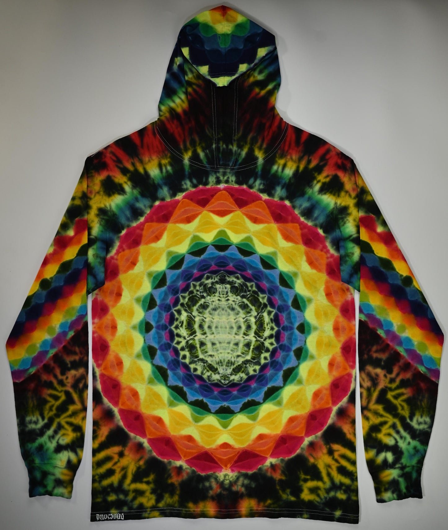 Medium Heady 20Pt Mandala Cosmic Egg Cntr/Hourglass Design Hood+Bck/Honeycomb Armbands, Scrunch UV Reactive Tie Dye Hooded* Lng Slv Shirt
