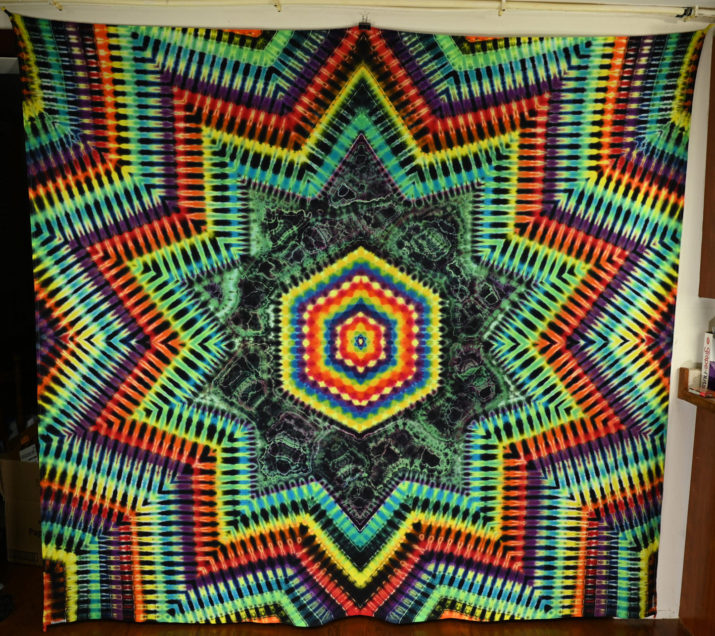 85"X100" (Msrmnts b4 any shrinking) Frm Cntr: Hexagon>Cosmic Egg/Geode Hybrid>Decagram DNA UV Reactive Tie Dye Tapestry w/ Hanging Loops