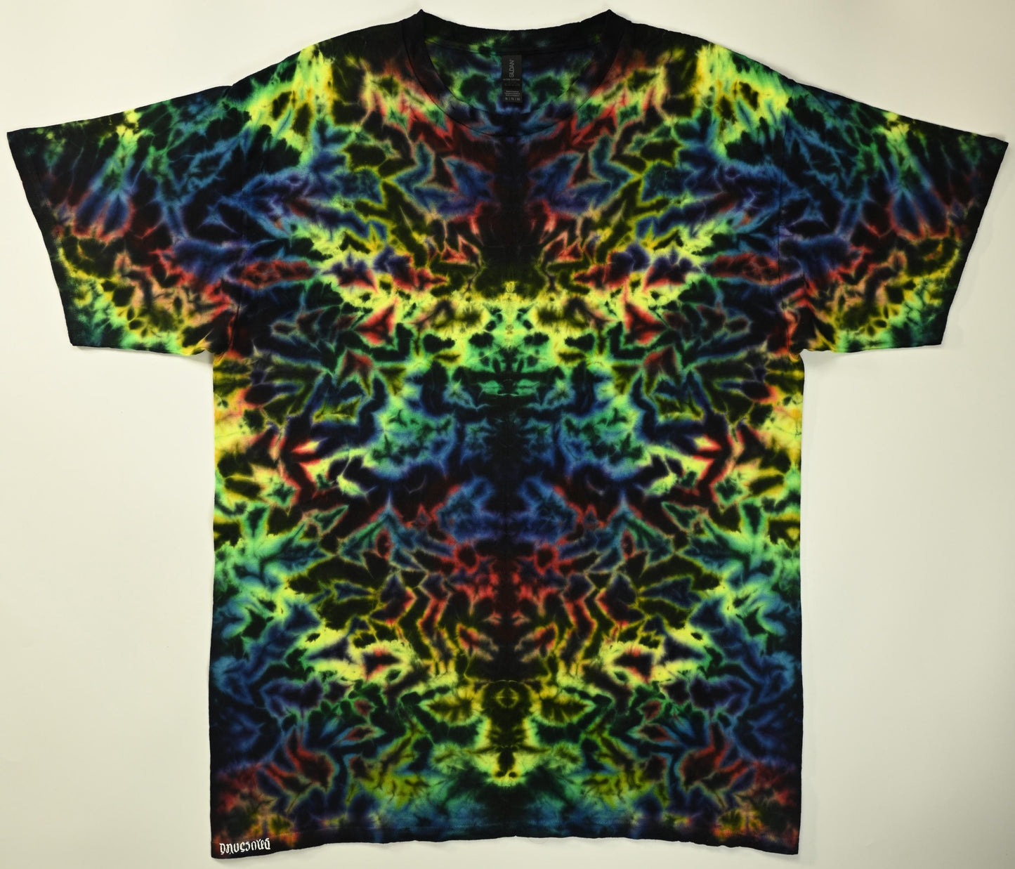 XL Nice Blacked Out Rainbow UV Reactive Rorschach Scrunch Tie Dye on a Gildan Ultra Cotton PFD (Prepared for Dye) T-Shirt