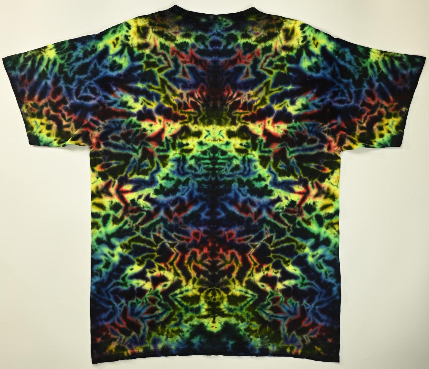 XL Nice Blacked Out Rainbow UV Reactive Rorschach Scrunch Tie Dye on a Gildan Ultra Cotton PFD (Prepared for Dye) T-Shirt