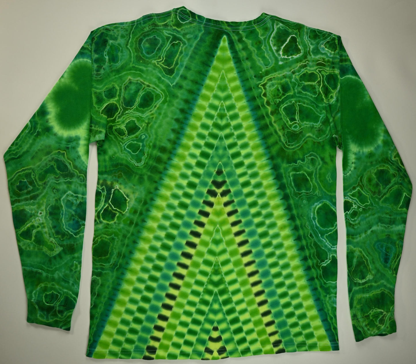 Large Shamrocks Front and Sleeves/Triangle UV-DNA Back/Geodes w/ UV Reactive Accents Tie Dye on a Tultex 291 Ringspun Cotton Lng Slv Shirt