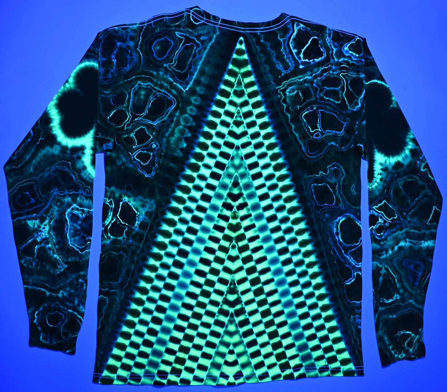 Large Shamrocks Front and Sleeves/Triangle UV-DNA Back/Geodes w/ UV Reactive Accents Tie Dye on a Tultex 291 Ringspun Cotton Lng Slv Shirt
