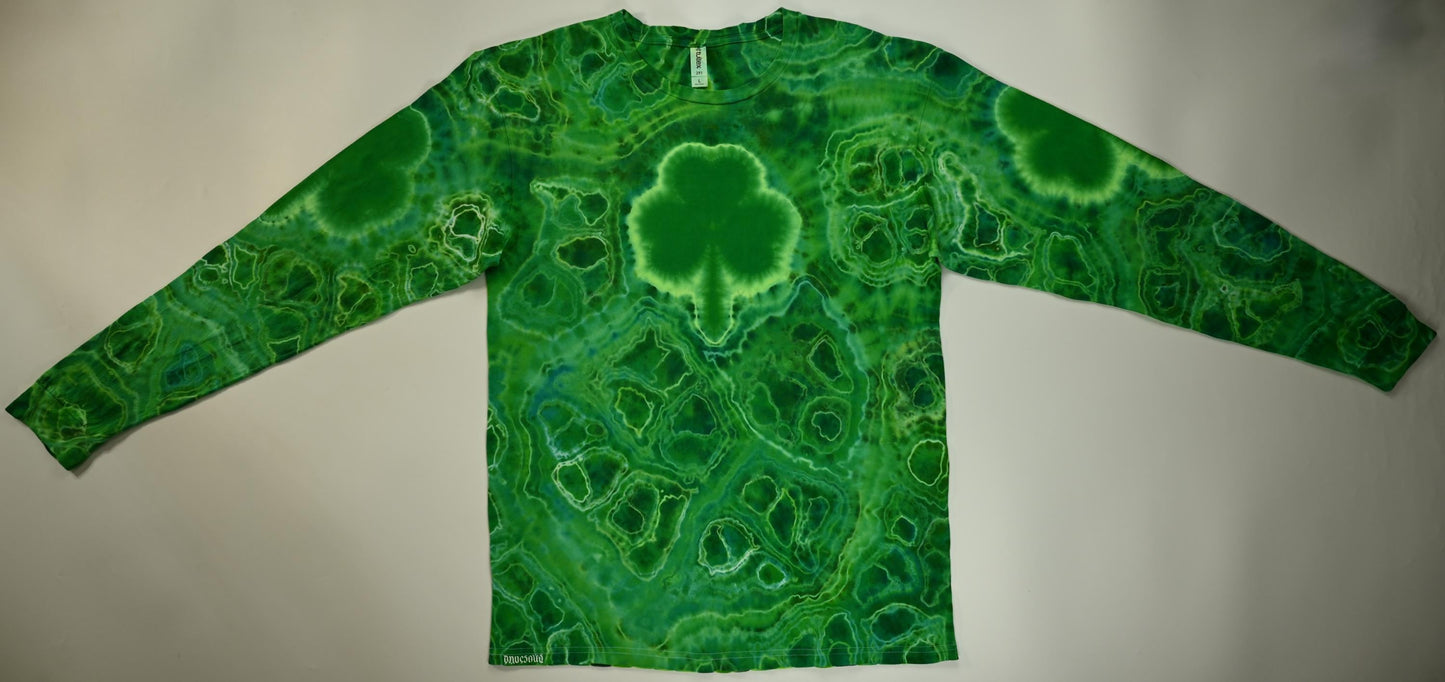 Large Shamrocks Front and Sleeves/Triangle UV-DNA Back/Geodes w/ UV Reactive Accents Tie Dye on a Tultex 291 Ringspun Cotton Lng Slv Shirt