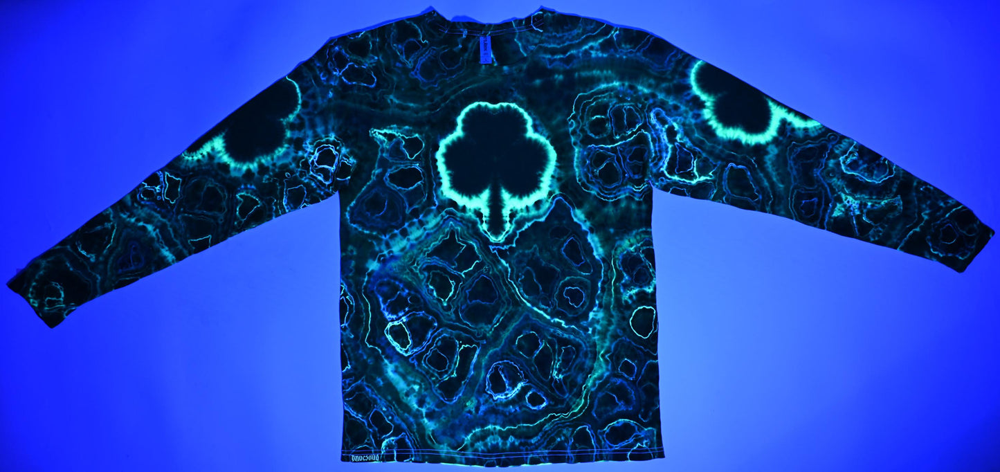 Large Shamrocks Front and Sleeves/Triangle UV-DNA Back/Geodes w/ UV Reactive Accents Tie Dye on a Tultex 291 Ringspun Cotton Lng Slv Shirt