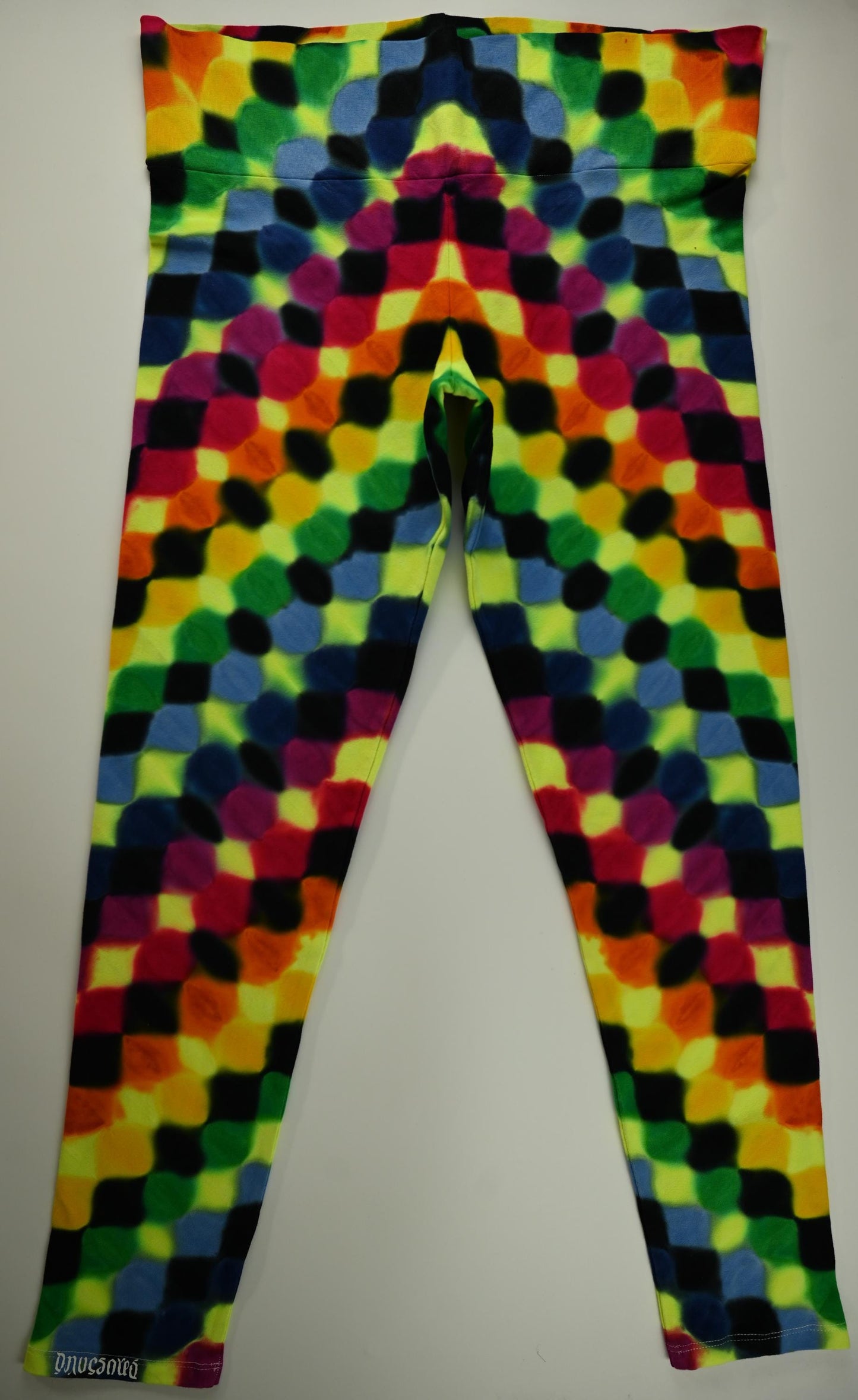 XL UV Honeycomb UV Reactive Tie Dye on Wide Waist Band Dancing Robin Form Fitting, Medium Thickness 92 Cotton 8% Spandex Leggings