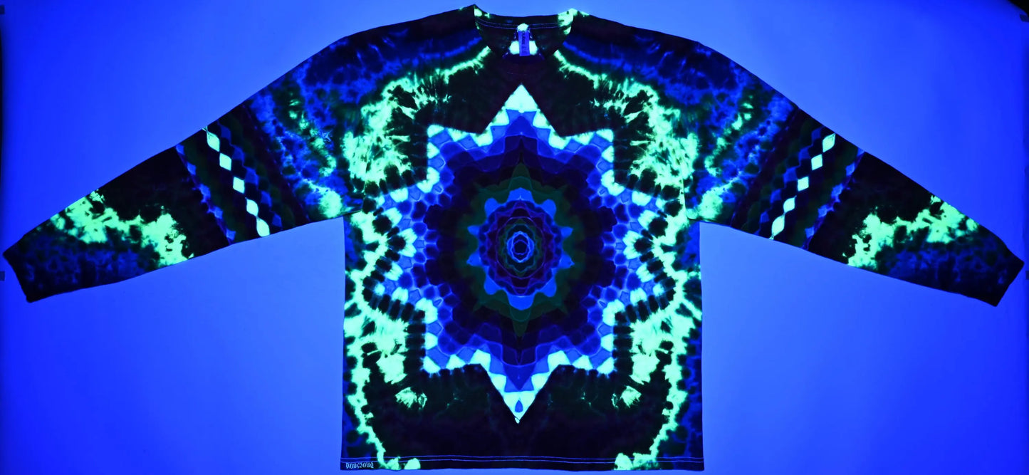 2X Heady Decagram Frnt/Honeycomb Bck Shield/Honeycomb Arm Bands/Scrunch Tie Dye w/ UV Reactive Accents on a Tultex 291 Long Sleeve Shirt
