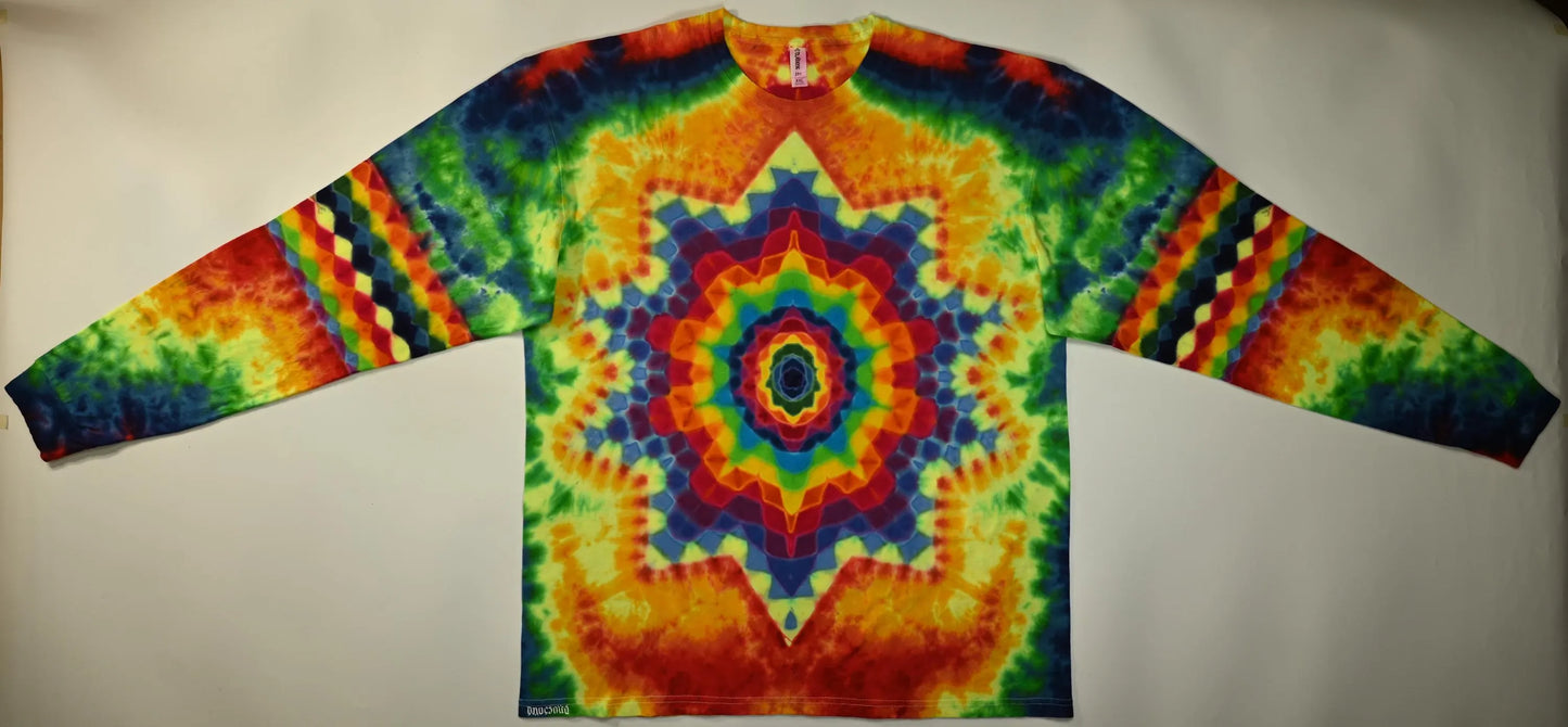 2X Heady Decagram Frnt/Honeycomb Bck Shield/Honeycomb Arm Bands/Scrunch Tie Dye w/ UV Reactive Accents on a Tultex 291 Long Sleeve Shirt