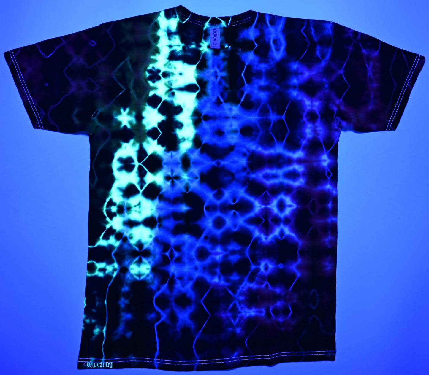 Medium Glitch UV Reactive Tie Dye on a Tultex 290 Ringspun Cotton T-Shirt