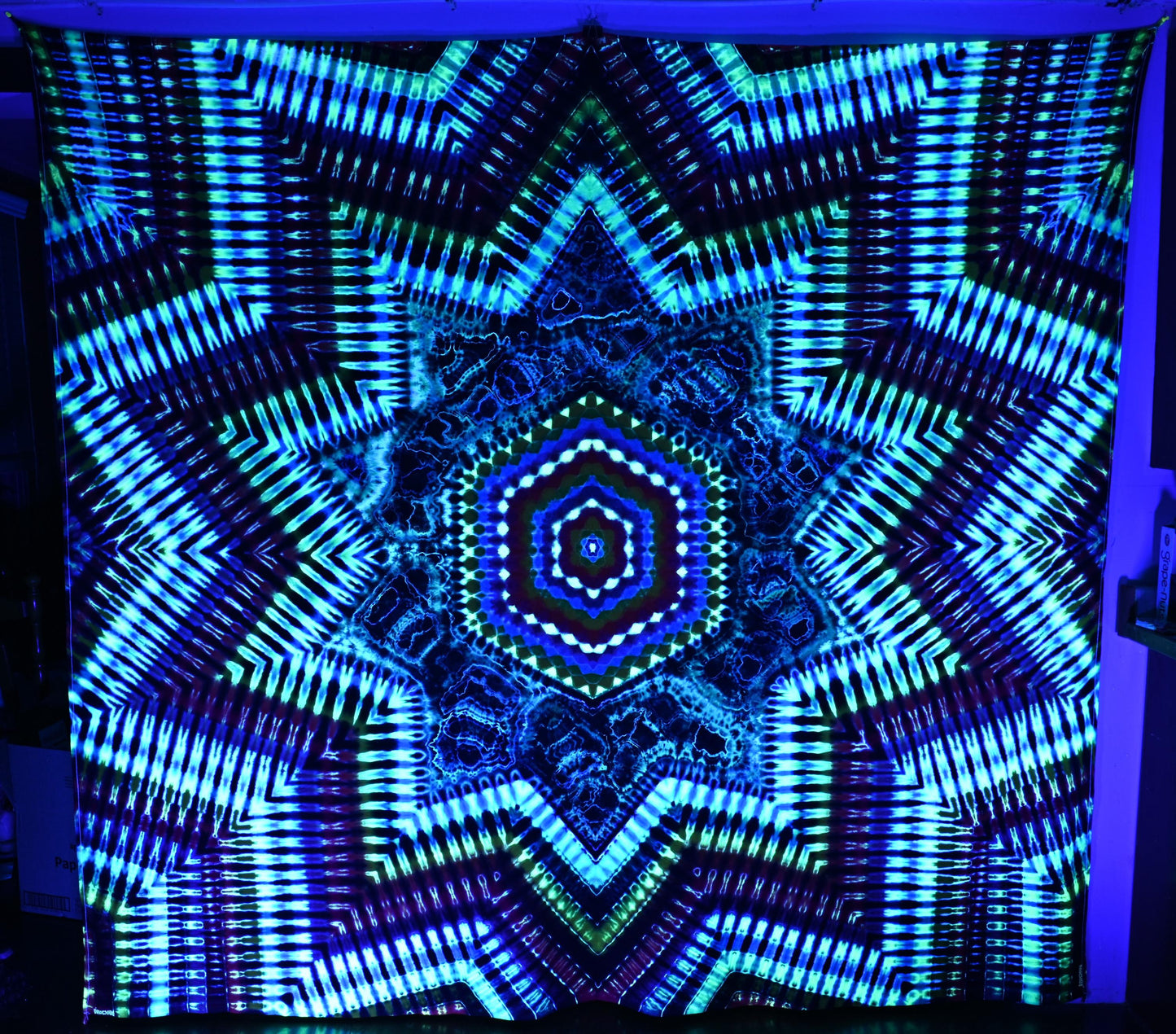 85"X100" (Msrmnts b4 any shrinking) Frm Cntr: Hexagon>Cosmic Egg/Geode Hybrid>Decagram DNA UV Reactive Tie Dye Tapestry w/ Hanging Loops