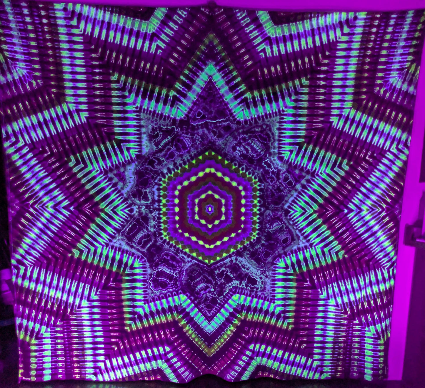 85"X100" (Msrmnts b4 any shrinking) Frm Cntr: Hexagon>Cosmic Egg/Geode Hybrid>Decagram DNA UV Reactive Tie Dye Tapestry w/ Hanging Loops