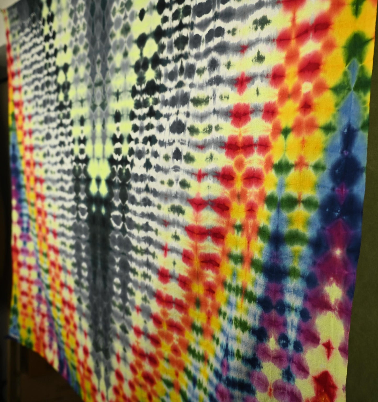 54"X54" (msrmnts prior to any shrinkage) Heatwave.V-5d* UV Reactive Tie Dye on a Third Eye Cotton Tapestry w/ Hanging Loops