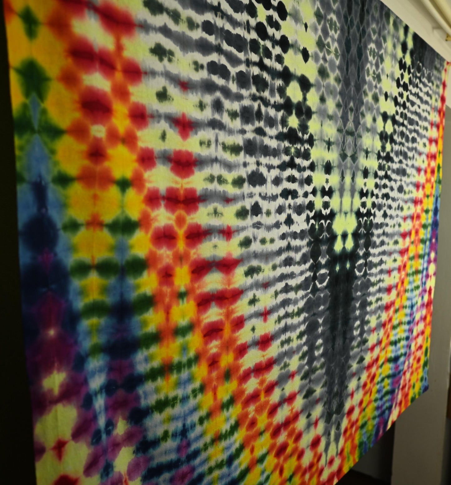 54"X54" (msrmnts prior to any shrinkage) Heatwave.V-5d* UV Reactive Tie Dye on a Third Eye Cotton Tapestry w/ Hanging Loops